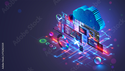 Cloud computing isometric concept. Cloud storage in software development. Digital internet technology. Database remote administration. Cloud technology data center. Abstract computer interface.