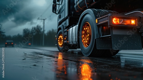 Truck chassis and orange wheels on a wet road in rainy weather, close-up. Safety concept and tire grip on wet road © Ruslan Gilmanshin