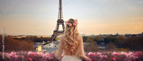 Beautiful young woman with flowers in her hair looking at the Eiffel tower. Travelling Concept with Copy Space.