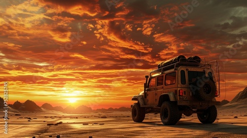 SUV offroad adventure in the red desert on the sand dune