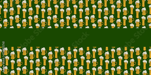 Vector seamless pattern with mugs of foamy beer. More Drink on green background. Light beer, alcoholic, non-alcoholic. Celebrating in bar, relaxing on holidays, flyer, banner.