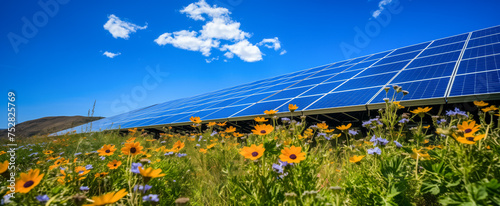 Solar panels amidst blooming wildflowers under a clear sky