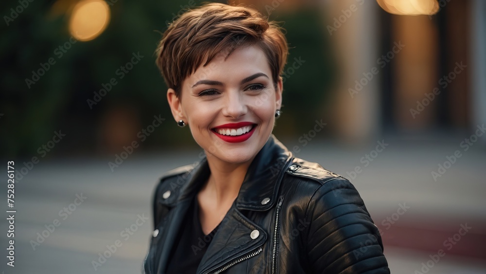 Fototapeta premium Positive laughing stylish white woman with short haircut
