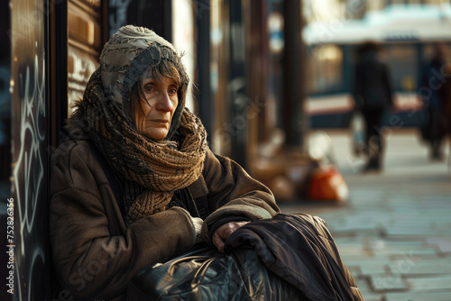 homeless  poor  unhappy  elderly woman sitting on the street. global problem of poverty and misery. poverty concept