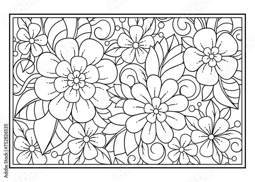 Outline floral pattern in mehndi style for coloring book page. Antistress for adults and children. Doodle ornament in black and white. Hand draw vector illustration.