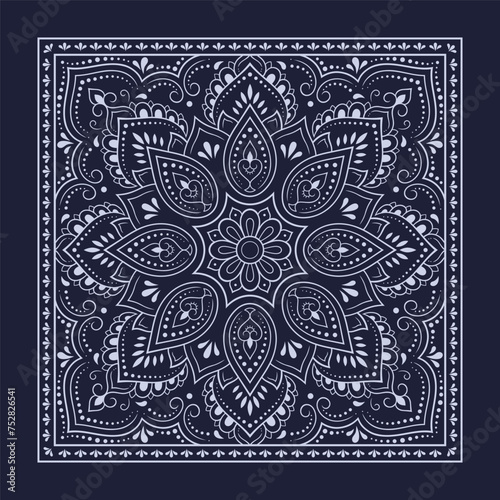 Circular pattern in form of mandala with flower for Henna, Mehndi, decoration. Blue decorative ornament in ethnic oriental style for a bandana. Outline doodle hand draw vector illustration.