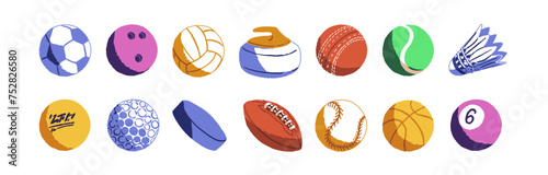 Different sport equipment set. Various balls for play games: basketball, tennis, soccer, badminton, baseball, American football, bowling, curling. Flat isolated vector illustration on white background