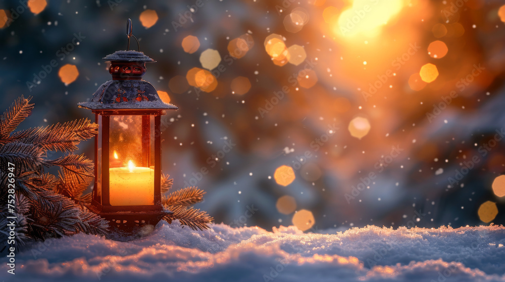 Christmas Lantern On Snow With Fir Branch In Evening Scene. Christmas Lantern On Snow With Fir Branch In Evening Scene.