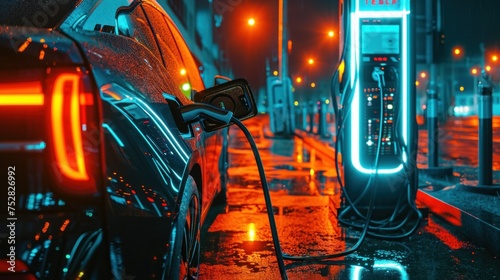Electric car plugged in with charging station to recharge battery with electricity by EV charger cable in dark blue futuristic cyberpunk city night photo