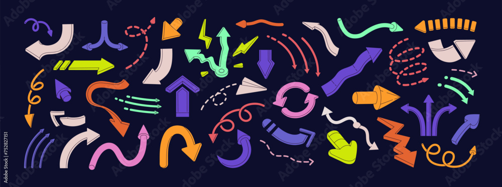 Different colorful arrows set. Various pointers symbols: divergence, dot line, twisted, cursor, loop. Geometric shapes for pointing direction. Swap, up, down signs. Flat isolated vector illustration