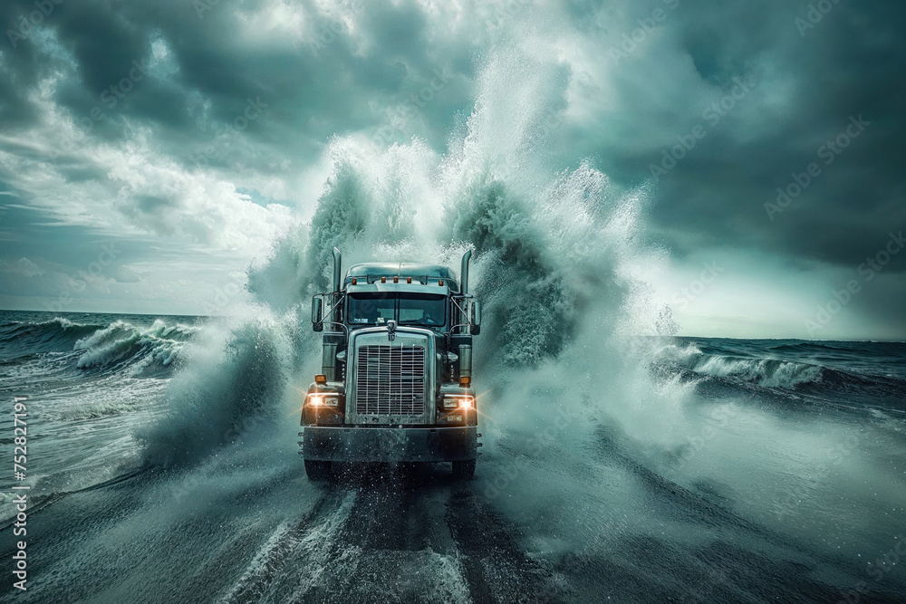 truck appears to be riding a monstrous wave, symbolizing strength and heroic conquer of obstacles - obrazy, fototapety, plakaty 