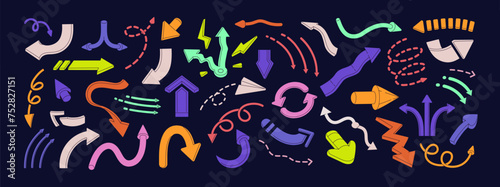 Different colorful arrows set. Various pointers symbols  divergence  dot line  twisted  cursor  loop. Geometric shapes for pointing direction. Swap  up  down signs. Flat isolated vector illustration