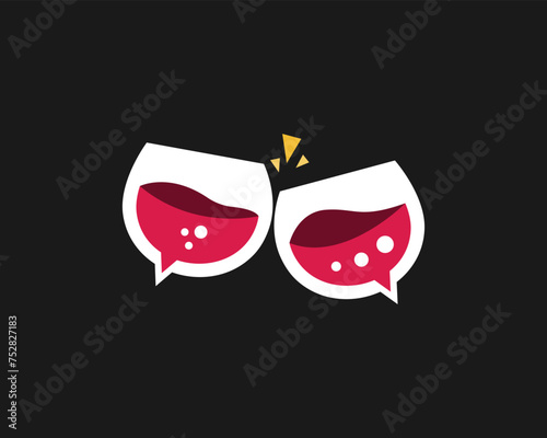 Cheers wine glass, clinking wine glass, wine glass party concept flat design logo