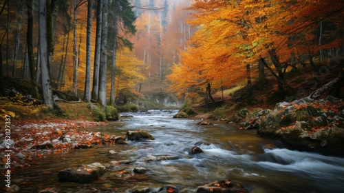 Forest river rocks in autumn. River rocks in forest water