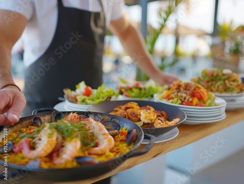 Chef serving a variety of gourmet dishes, with focus on a colorful seafood paella