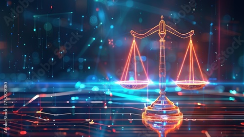 Neon Glowing Scales of Justice in Digital World, Neon red scales of justice illuminate a virtual digital landscape, symbolizing law and order within the realm of technology.