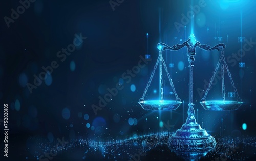 Futuristic Digital Balance Scale on Blue Background, A glowing digital balance scale in a futuristic setting, emphasizing concepts of justice and technology on a dark blue backdrop.