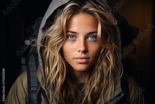 Young blonde woman athlete with a backpack in sports clothes  close up portrait on dark