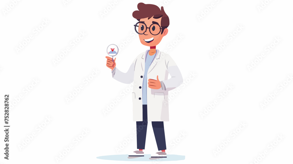 Fun scientist with sign in the hand. cartoon character