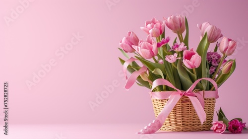 Pink tulips in basket with ribbons, isolated on pink background