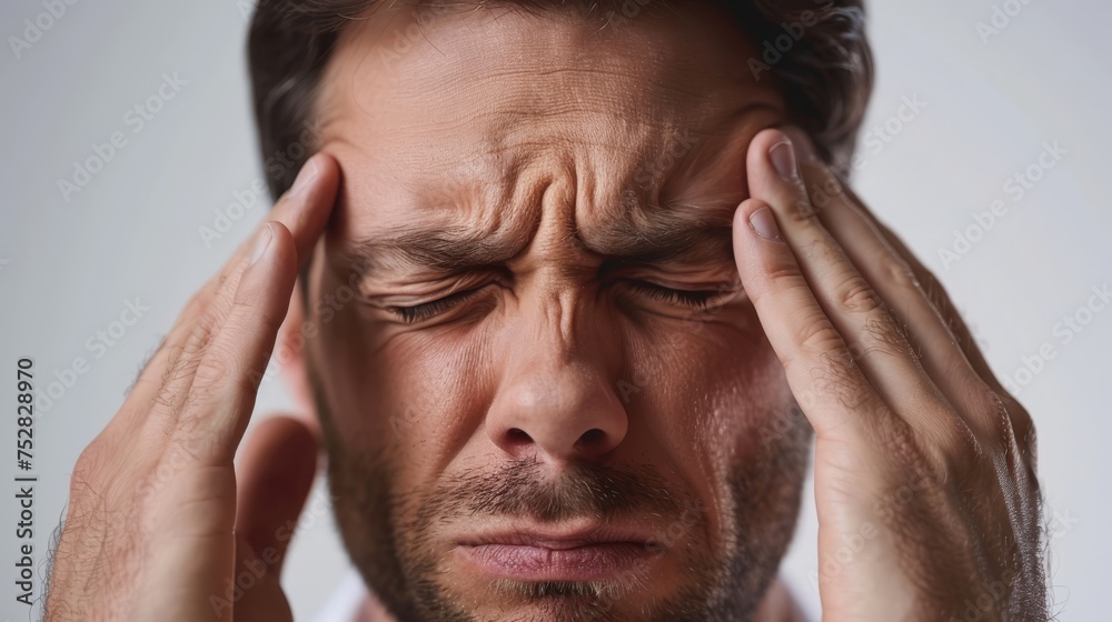 The people's expressions showed pain. Pain in the head area By touching your temple with your hand, close-up photo The people's expressions showed pain. Pain in the head area By touching your temple with your hand, close-up photo