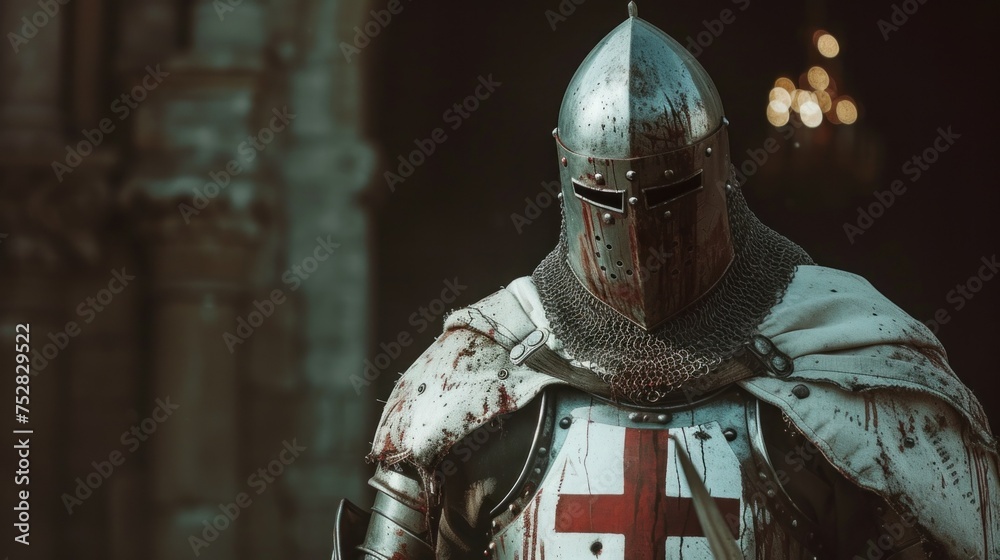Portrait of Medieval crusader Warrior with armour and red cross. Cloud smoke on Background Portrait of Medieval crusader Warrior with armour and red cross. Cloud smoke on Background