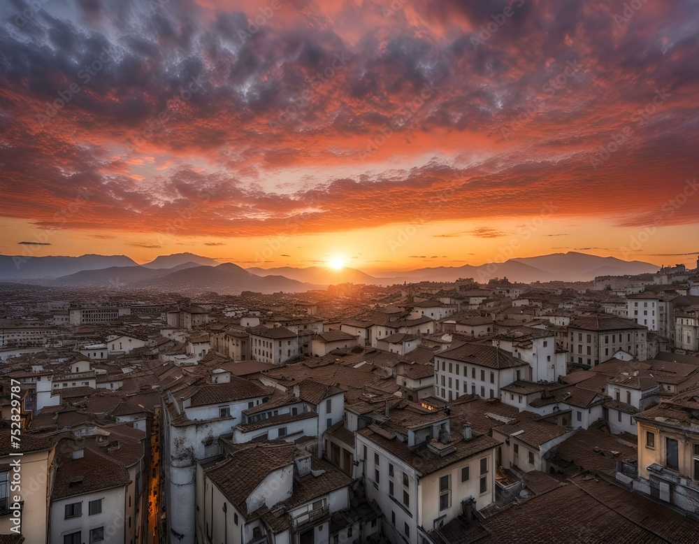 sunset over a city in Sicily, aerial photo of an italian panorama 