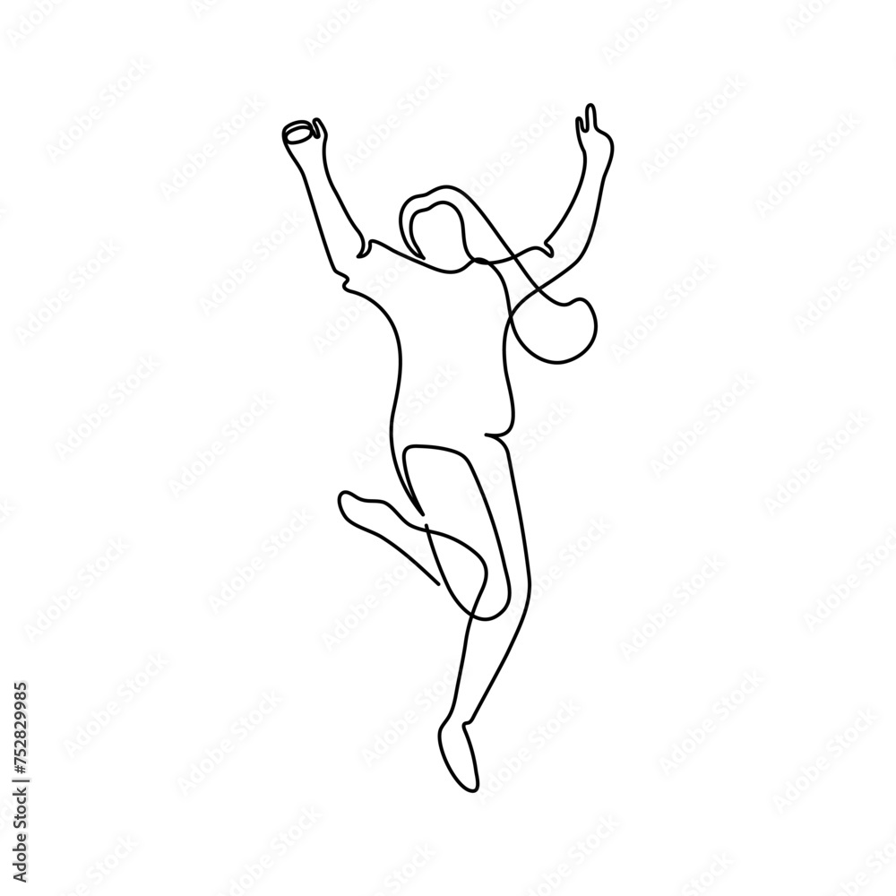 Happy woman jumping, continuous one line drawing. Healthy lifestyle, success concept. Minimalist simple linear style. Vector outline