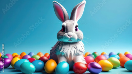 Easter bunny with colorful easter eggs on blue background