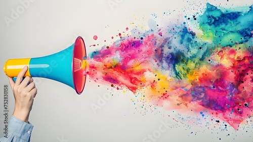 A megaphone with an abstract colorful splash out of it.