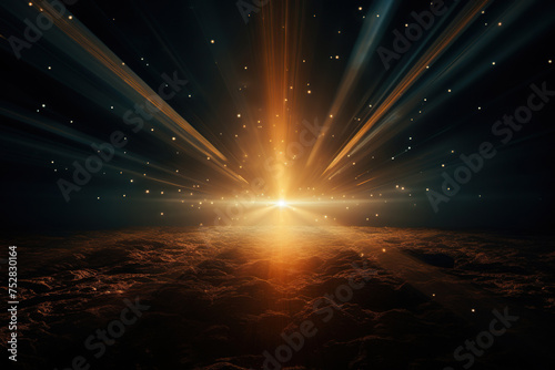 A flash of bright golden rays on the horizon in the dark. Generated by artificial intelligence