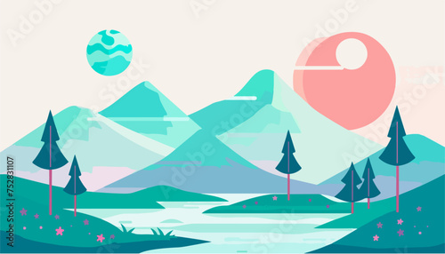 flat vector illustration of a beautiful landscape with mountains