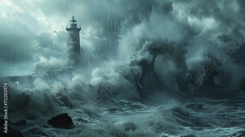 A fierce tempest pounds the sturdy lighthouse with towering waves, yet it remains resolute against the relentless fury of the ocean's assault photo