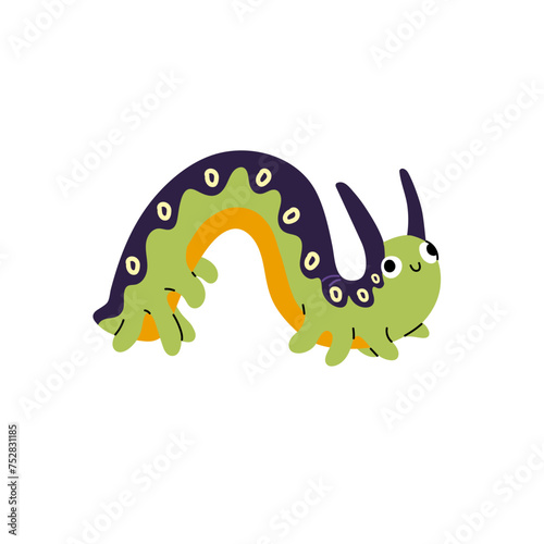 Cute butterfly larva character with adorable antennas. Curled caterpillar with happy facial expression. Amusing patterned worm. Little insect  centipede. Flat isolated vector illustration on white