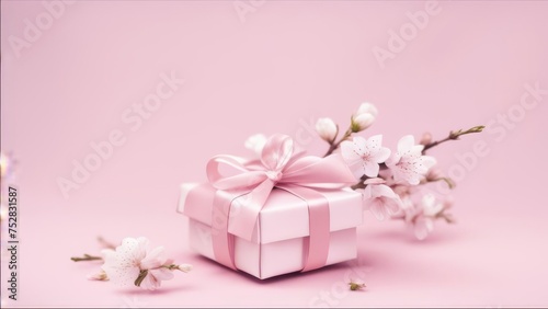 A gift box wrapped with a ribbon on a pink background with flowers.