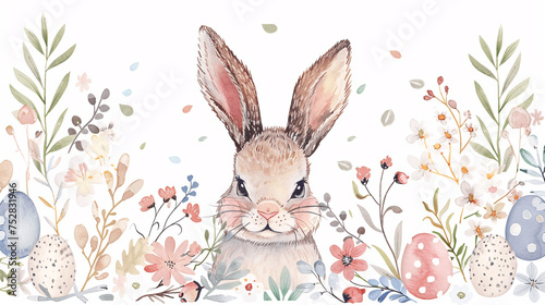 Happy easter! elegant trendy watercolor illustration of cute Easter bunny with floral wreath, Easter eggs pattern, flowers, leaves and branches frame for greeting card, background or invitation
