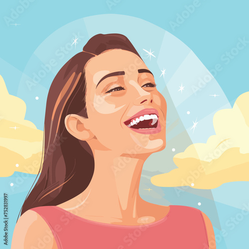 Fictitious young woman smiling showing her white beautiful teeth. Dental health  dentist concept  vector illustration