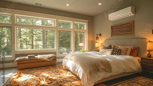 A cozy bedroom with a vintagestyle fireplace now retrofitted with a modern ductless minisplit AC unit for efficient cooling during hot summer nights. photo