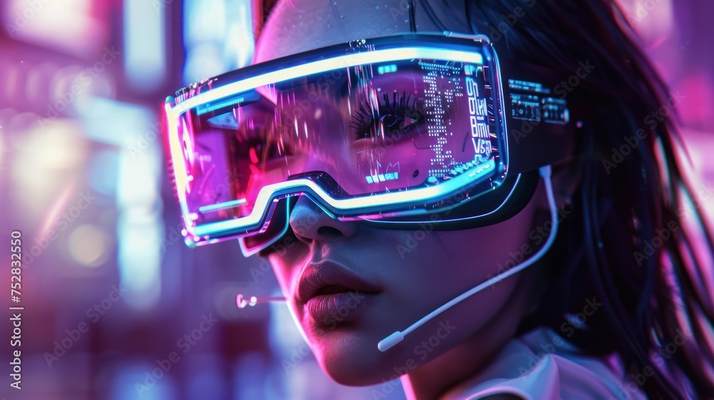 A dynamic close-up of a female adorned with neon light glasses, embodying the spirit of nightlife and festivity A dynamic close-up of a female adorned with neon light glasses, embodying the spirit of nightlife and festivity