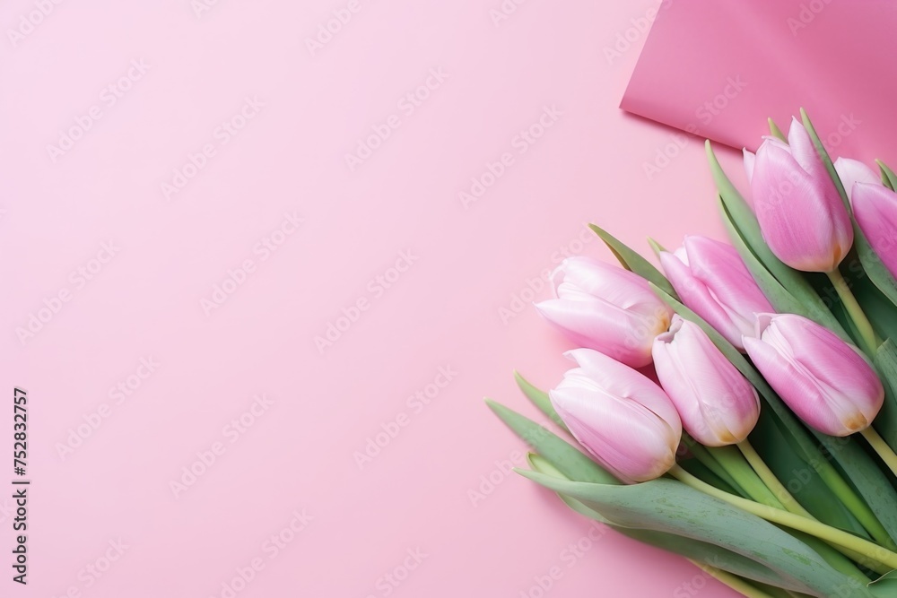 Pink tulips on a pink background with envelope.