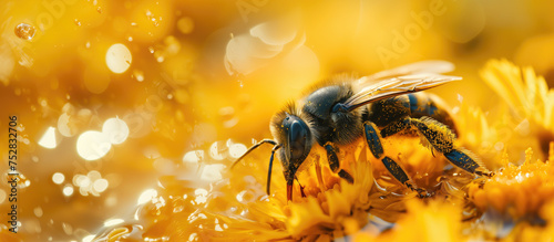 A macro shot of a bee on yellow flowers, with abstract honey droplets glistening in the sunlight photo