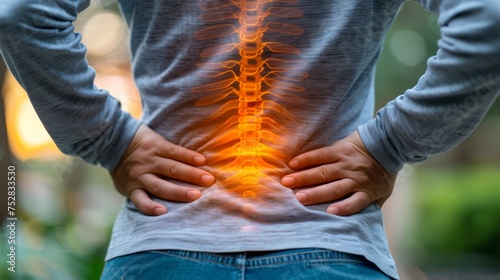 back pain, lower back pain, posture Posture for back pain by holding both hands on the back, close-up