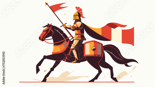 Valorous royal knight riding horse with shield and flat