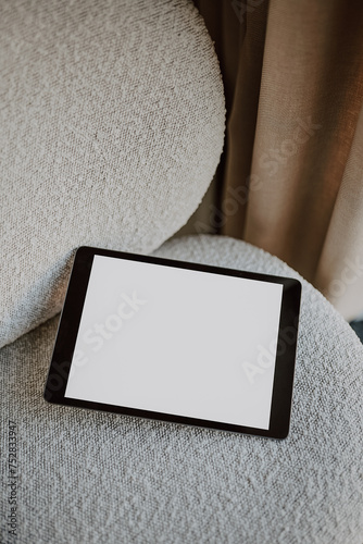 minimalist beige aesthetic tablet mockup, boucle photo