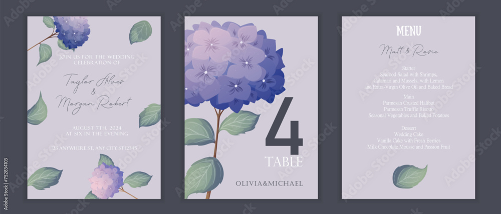 Set of cute invitation cards with purple hydrangea flowers, and stain textures. Vector perfect for a wedding card, save the date, or greeting card.