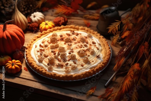 Autumn-themed pumpkin pie with whipped cream on a rustic wooden table.