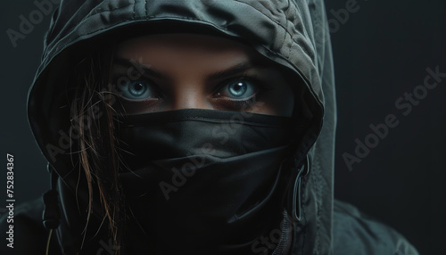Female hacker with a hood and mask bypassing a virtual security system - wide format