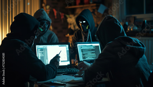 An anonymous group of hackers collaboratively strategizes in a dim environment - plotting a major cyber offensive against a target - wide format