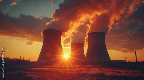 Three chimneys releasing heat energy, pollutants and steam from a nuclear power plant stand against a warm sunny sky.