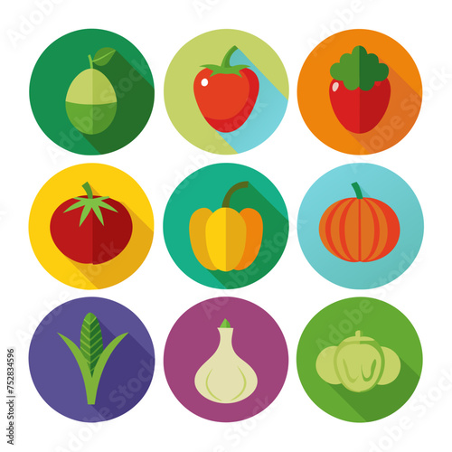 Vegetables flat icons set with long shadow. Vector illustration.